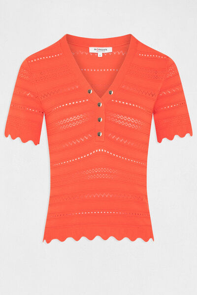Pull manches courtes détails ajourés orange femme