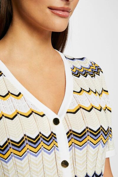 Pull manches courtes imprimé chevron ivoire femme