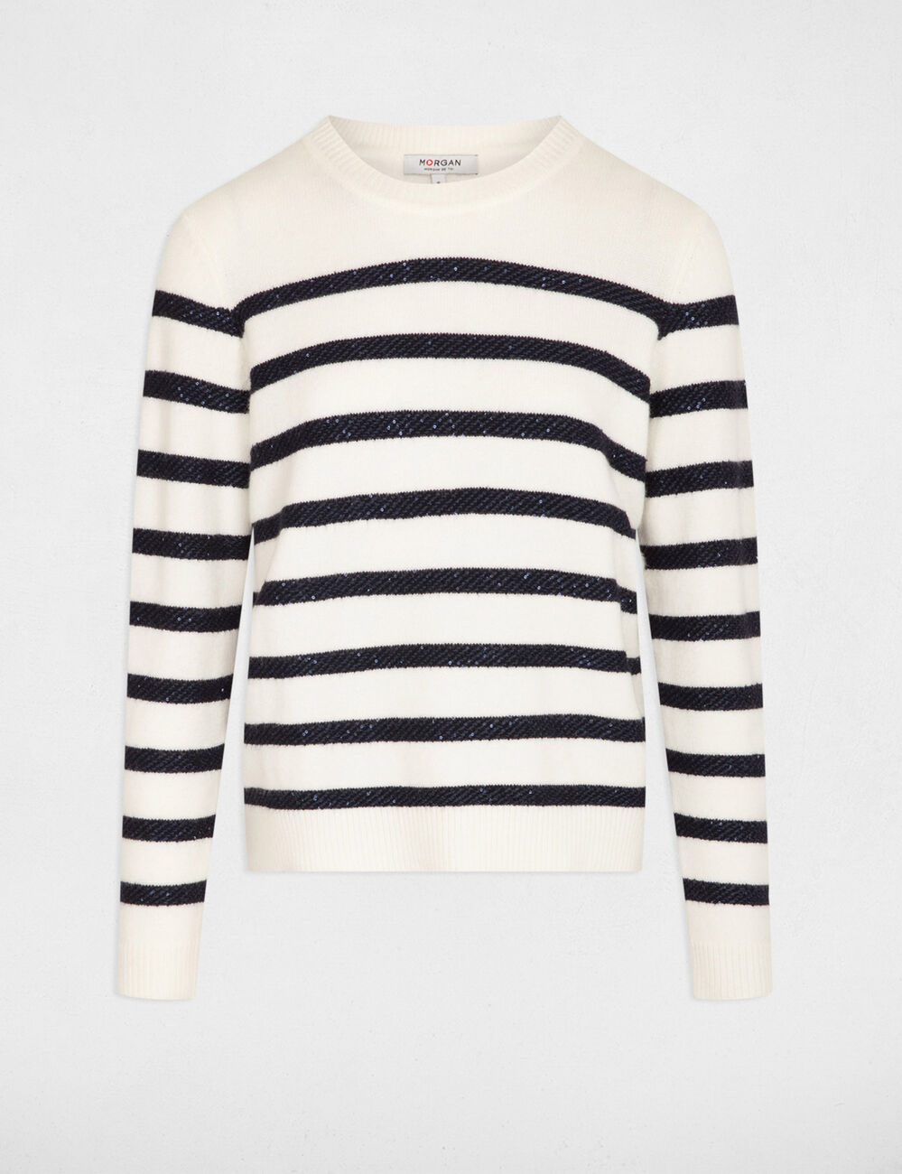 Pull col rond à rayures ecru femme