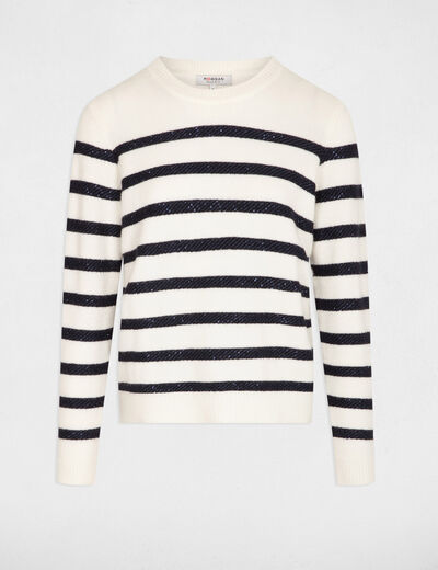 Pull col rond à rayures ecru femme
