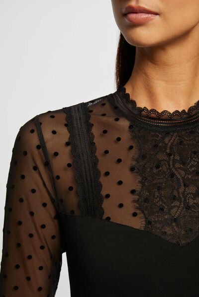 T-shirt manches longues à plumetis noir femme