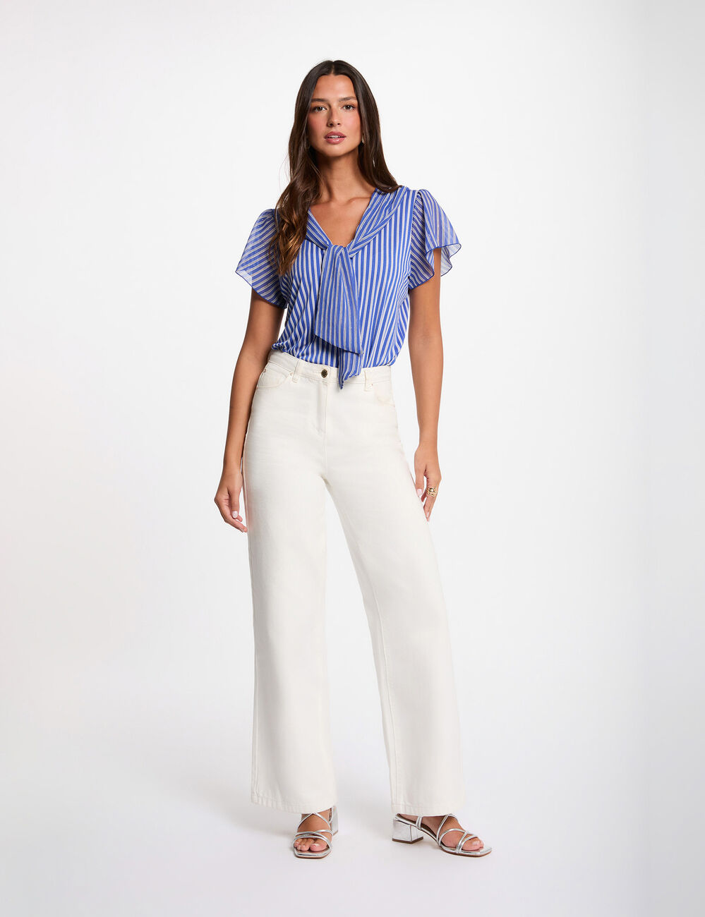 T-shirt col lavalli&egrave;re blanc femme