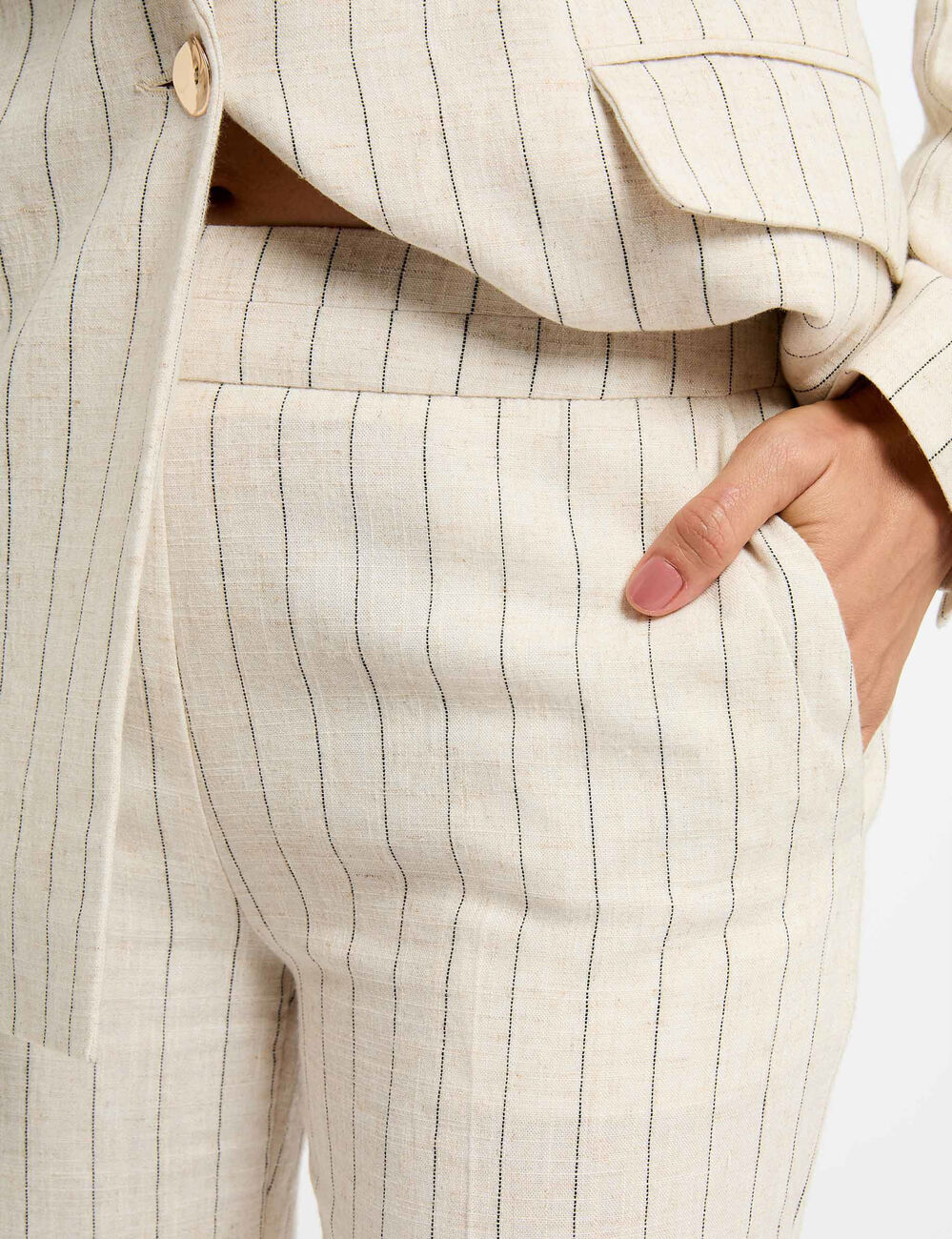Pantalon large ray&eacute; beige femme