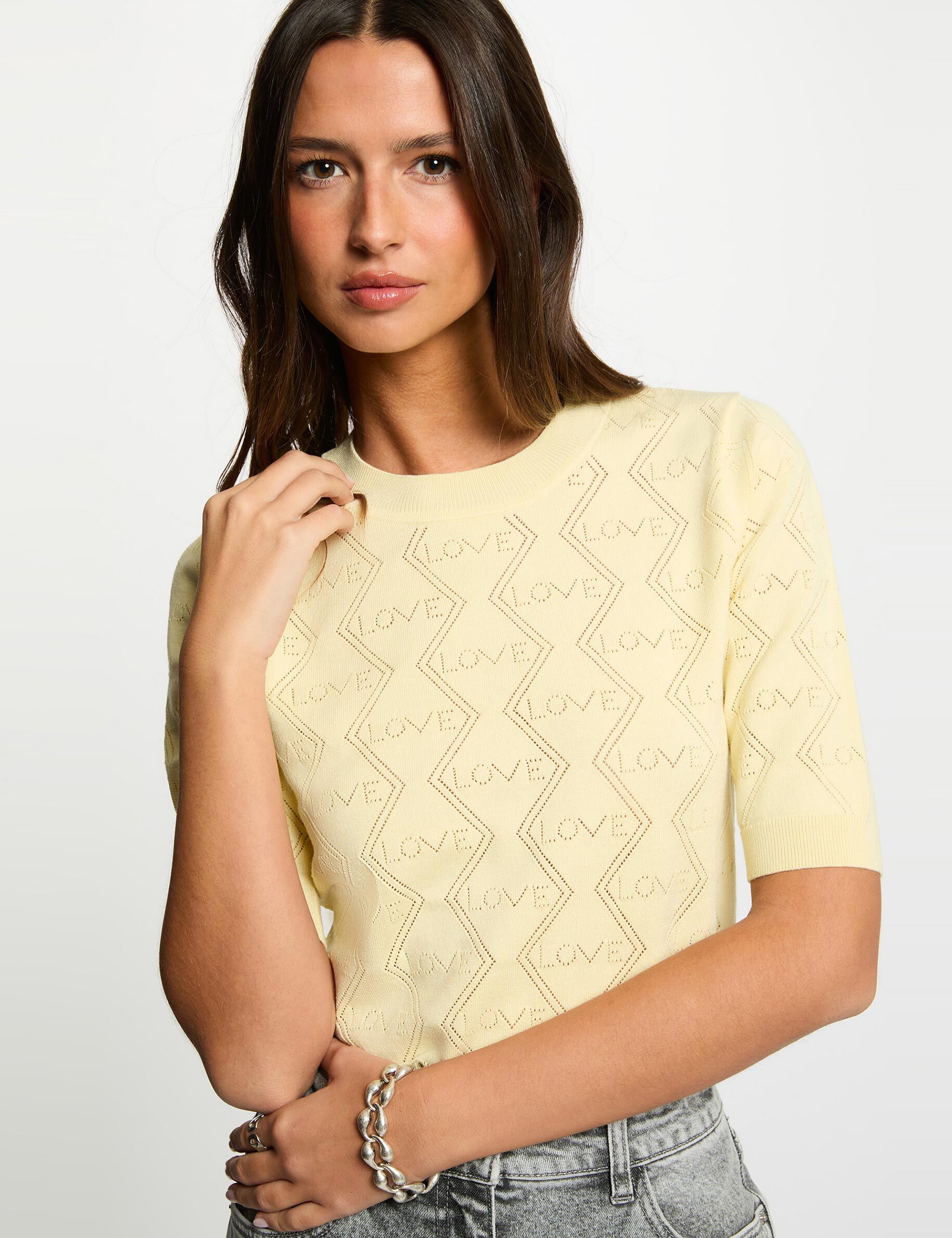Pull ajouré manches 34 jaune pastel femme
