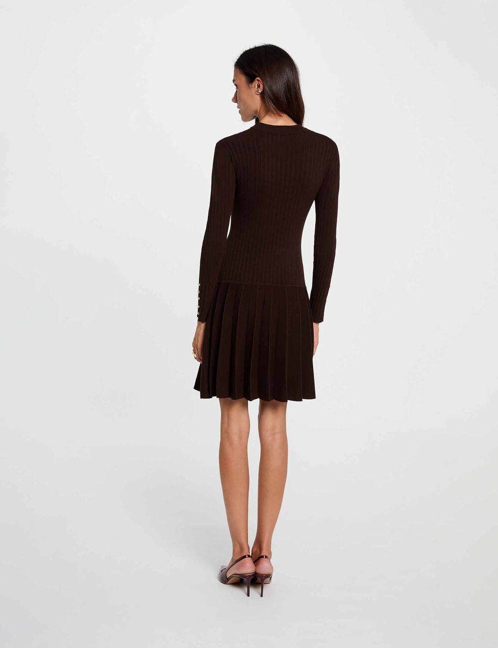 Robe tricot manches longues marron fonc&eacute; femme