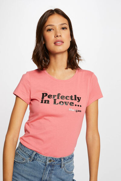 T-shirt manches courtes à inscription rose femme