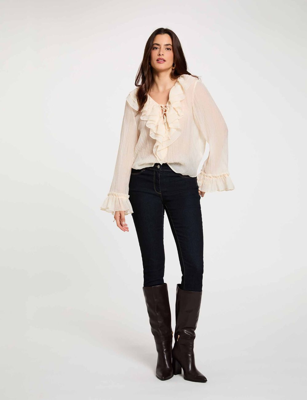 Chemise col v pliss&eacute;e ivoire femme