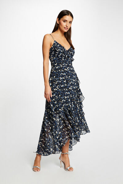 Robe longue évasée imprimé abstrait bleu femme