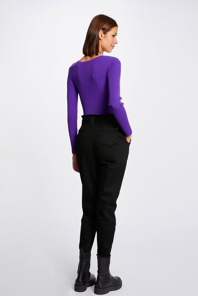 Pull manches longues à col en U violet femme