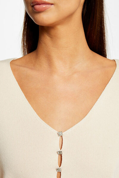 Pull manches longues boutons décoratifs rose clair femme