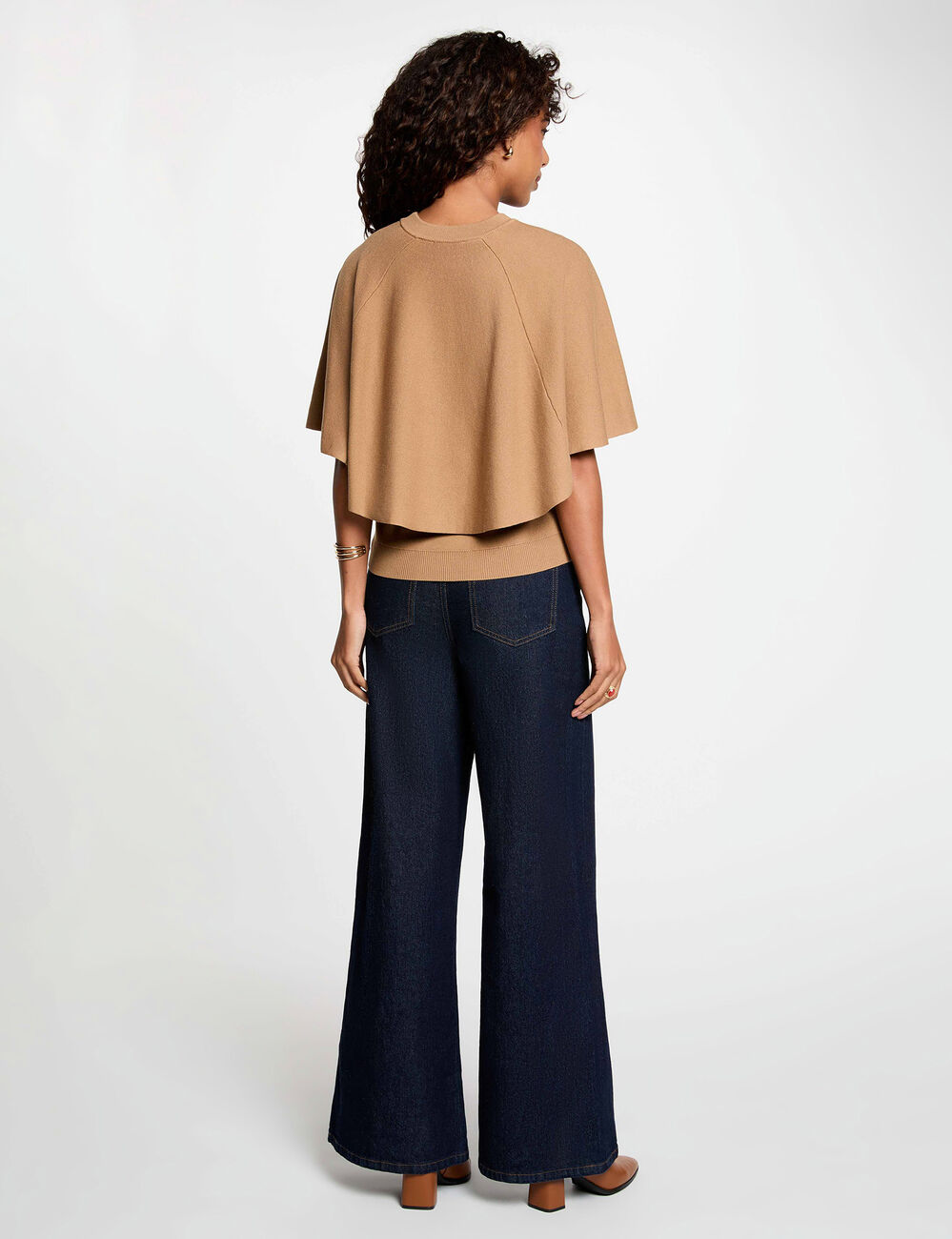 Pull col rond manches &eacute;vas&eacute;es beige femme