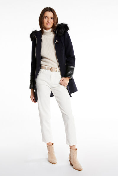 Manteau droit zippé à capuche marine femme