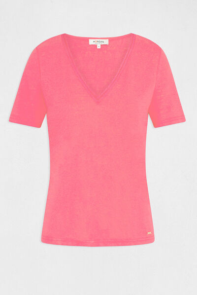 T-shirt manches courtes avec col en V fuchsia femme