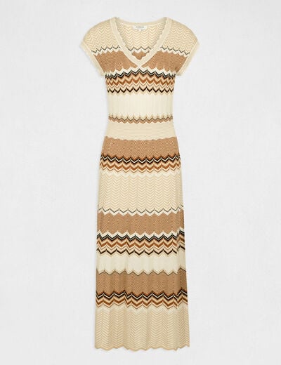 Robe pull longue droite &agrave; rayures marron cognac femme