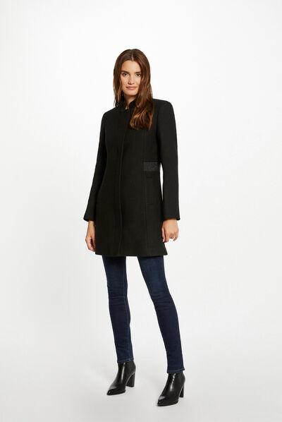 Manteau cintré suédine capuche noir femme