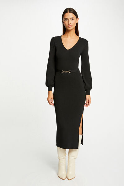 Robe pull longue ajustée à ornement noir femme
