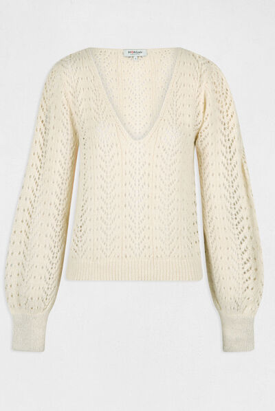 Pull manches longues à détails ajourés ivoire femme