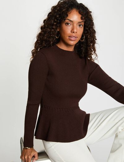 Pull col montant marron fonc&eacute; femme