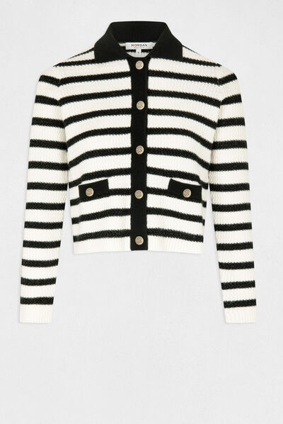 Gilet droit boutonné à rayures ecru femme