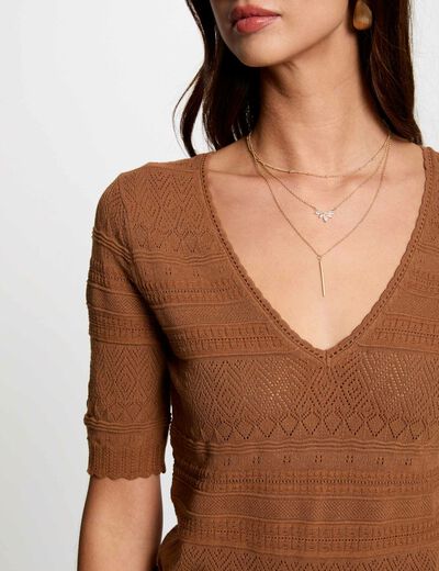Pull manches courtes marron cognac femme