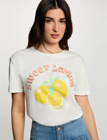 T-shirt imprim&eacute; col rond blanc femme