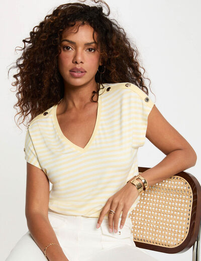 T-shirt ray&eacute; col v jaune pastel femme