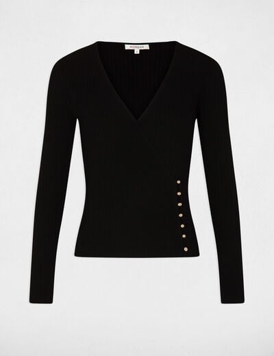 Pull manches longues col cache-coeur noir femme
