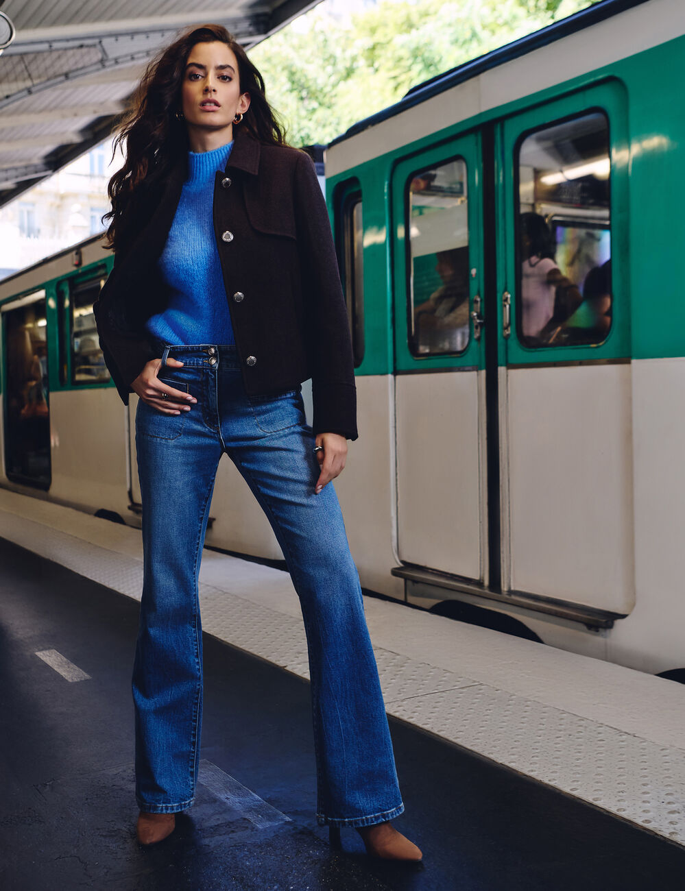 Jean bootcut tress&eacute; denim stone femme