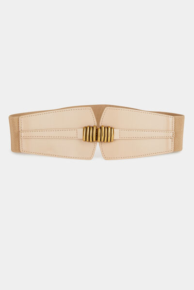 Ceinture élastiquée boucle à anneaux beige femme