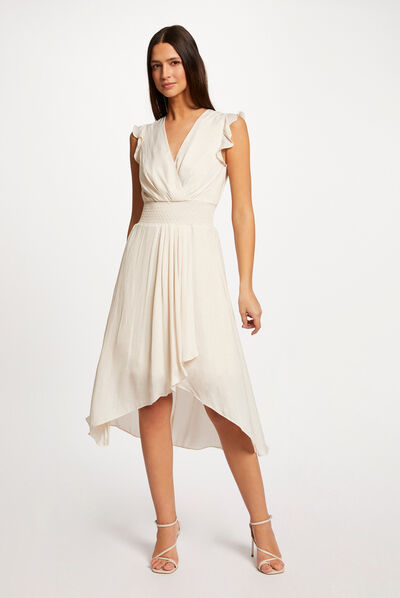 Robe midi évasée fluide drapée smockée ecru moyen femme