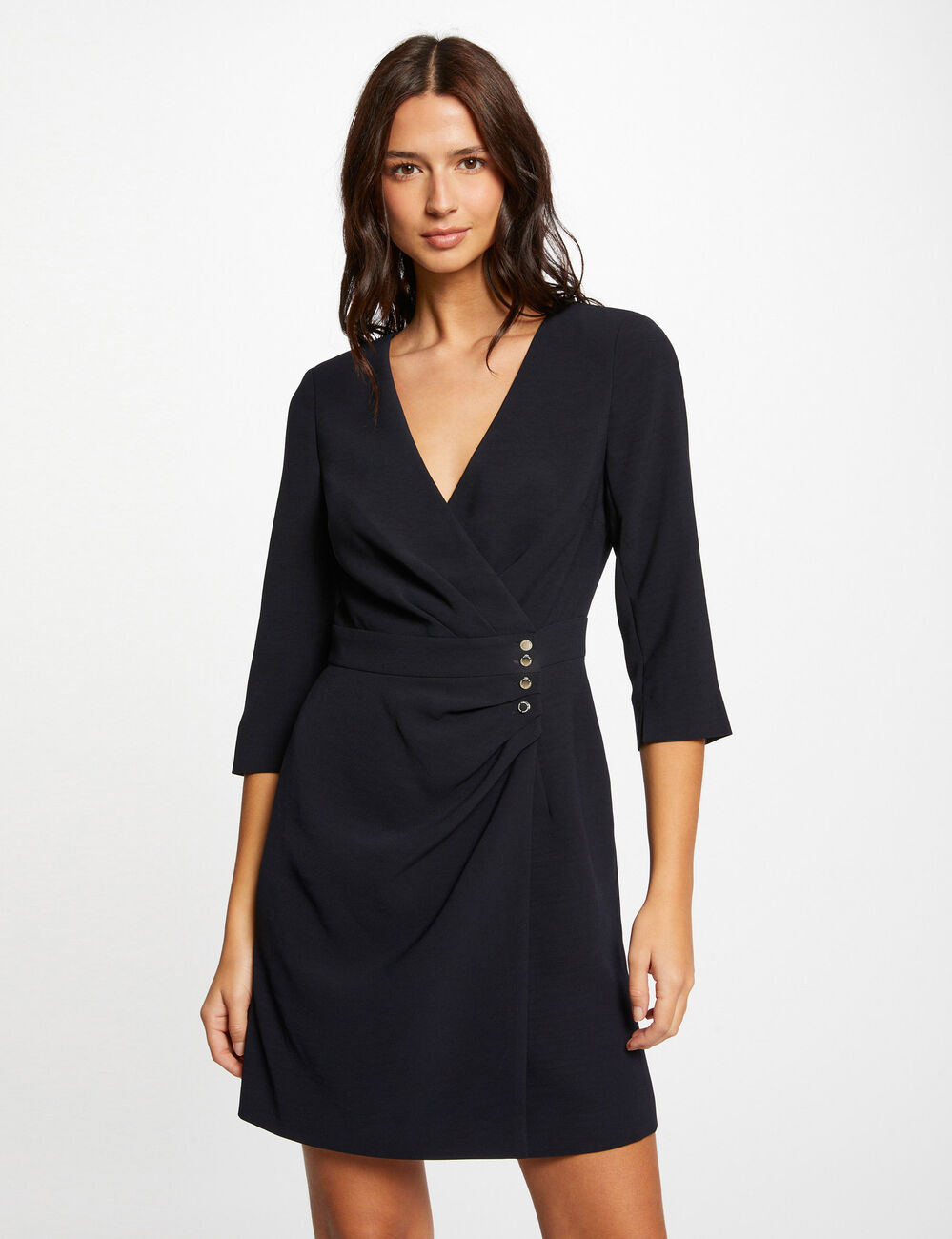 Robe portefeuille drap&eacute;e manches 3/4 marine femme