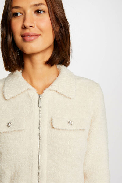 Gilet manches longues avec col à revers ivoire femme