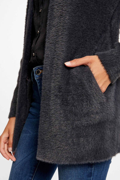 Gilet long maille duveteuse gris anthracite femme