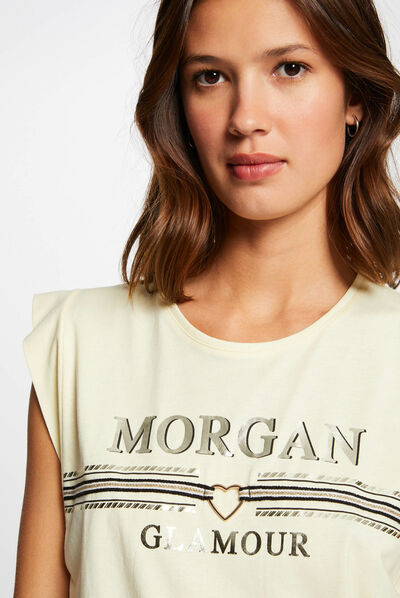 T-shirt manches courtes à inscription jaune paille femme