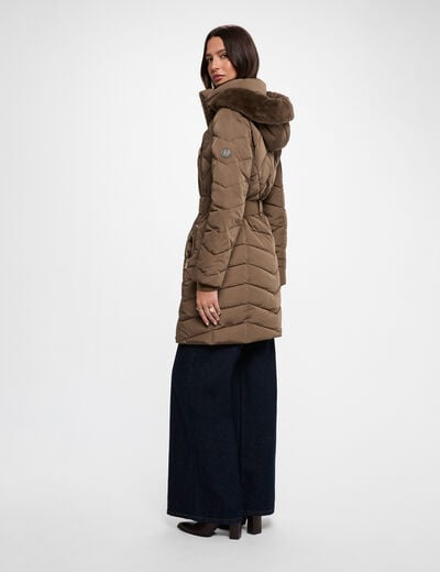 Doudoune longue capuche vert kaki femme