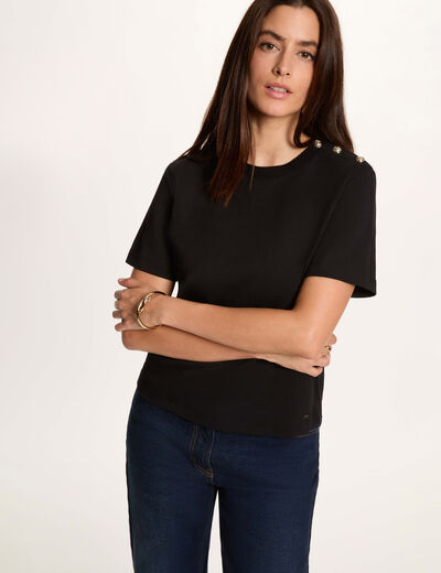 T-shirt col rond boutons noir femme
