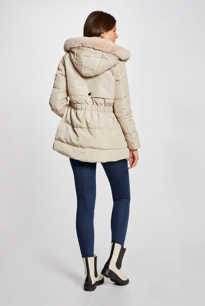 Doudoune droite à capuche beige femme
