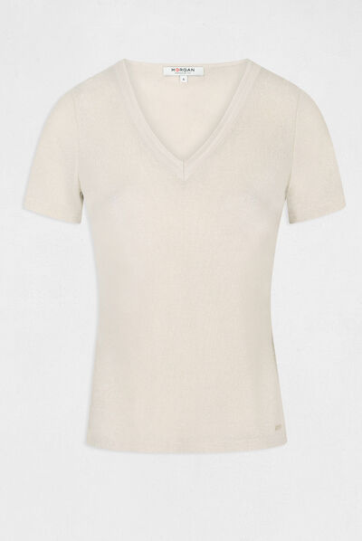T-shirt manches courtes avec col en V ivoire femme