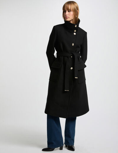 Manteau long ceintur&eacute; noir femme