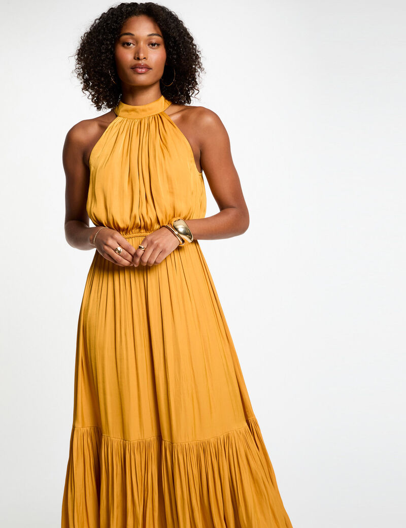 Robe longue évasée fluide jaune moutarde femme