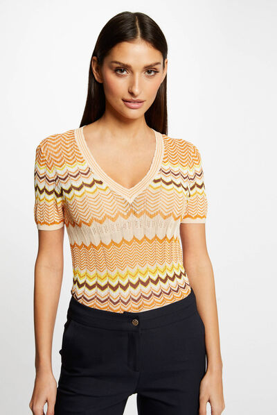 Pull manches courtes imprimé chevron orange femme