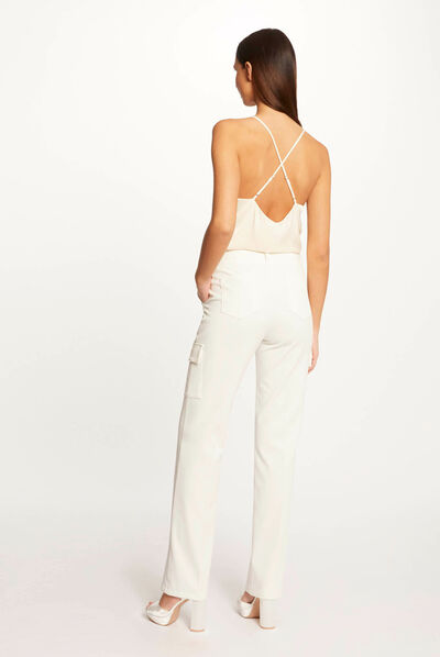 Pantalon droit avec poches latérales ecru femme