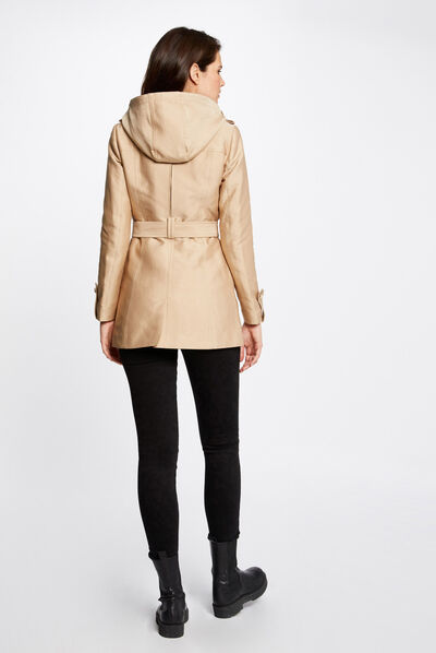 Trench droit ceinturé à capuche camel femme