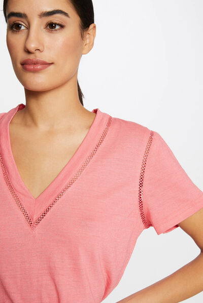T-shirt manches courtes col en V rose femme