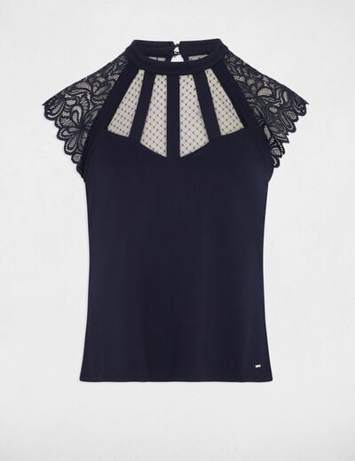 T-shirt manches courtes &agrave; dentelle bleu marine femme