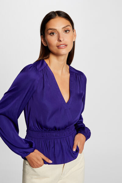 T-shirt manches longues satin bleu moyen femme