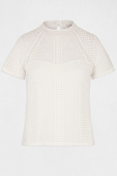 T-shirt manches courtes à dentelle ecru femme