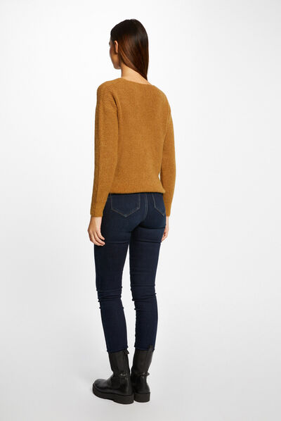 Pull manches longues avec col en V caramel femme