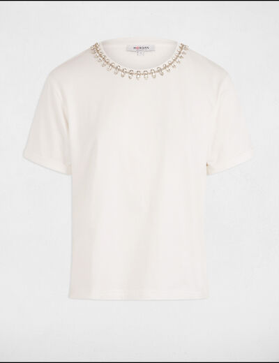 T-shirt manches courtes bijoux blanc femme