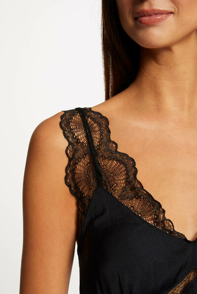 Blouse bretelles larges à dentelle marine femme
